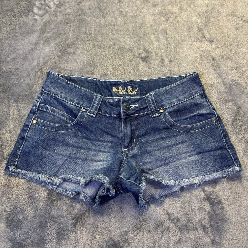 Red Rivet Denim Shorts Womens Size 5 Dark Wash Frayed Cutoff Y2K Stretch